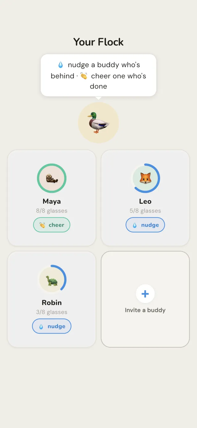 Wotah Social Flock screen where friends nudge and cheer each other on
