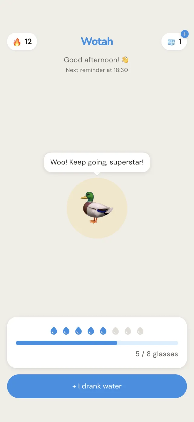 Wotah home screen with today's hydration progress and Quackers the duck